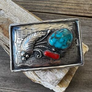 Fred James Navajo Sterling Silver Buckle with Turquoise and Coral